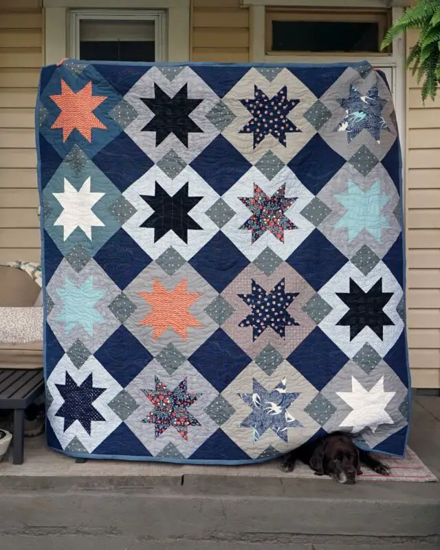 New quilt complete! It wasn’t until the 3rd or 4th take that I realized Lucy was popping her head out. I love it! 🐶

This is a #NorthStarQuilt pattern from @emily_dennis_ using a mix of fabrics from a bunch of different places including upcycled linen from @roughlinen. 

Quilting by @pghmqg member Sandra Schott 💖 #pghmqg 

This is a very different color scheme for me and I had a lot of fun picking fabrics. I wanted a dark background which I haven’t done before. 

Also worth mentioning, I pieced the whole top in July, so it’s my fastest quilt yet! 

Ready for the next one! 😜